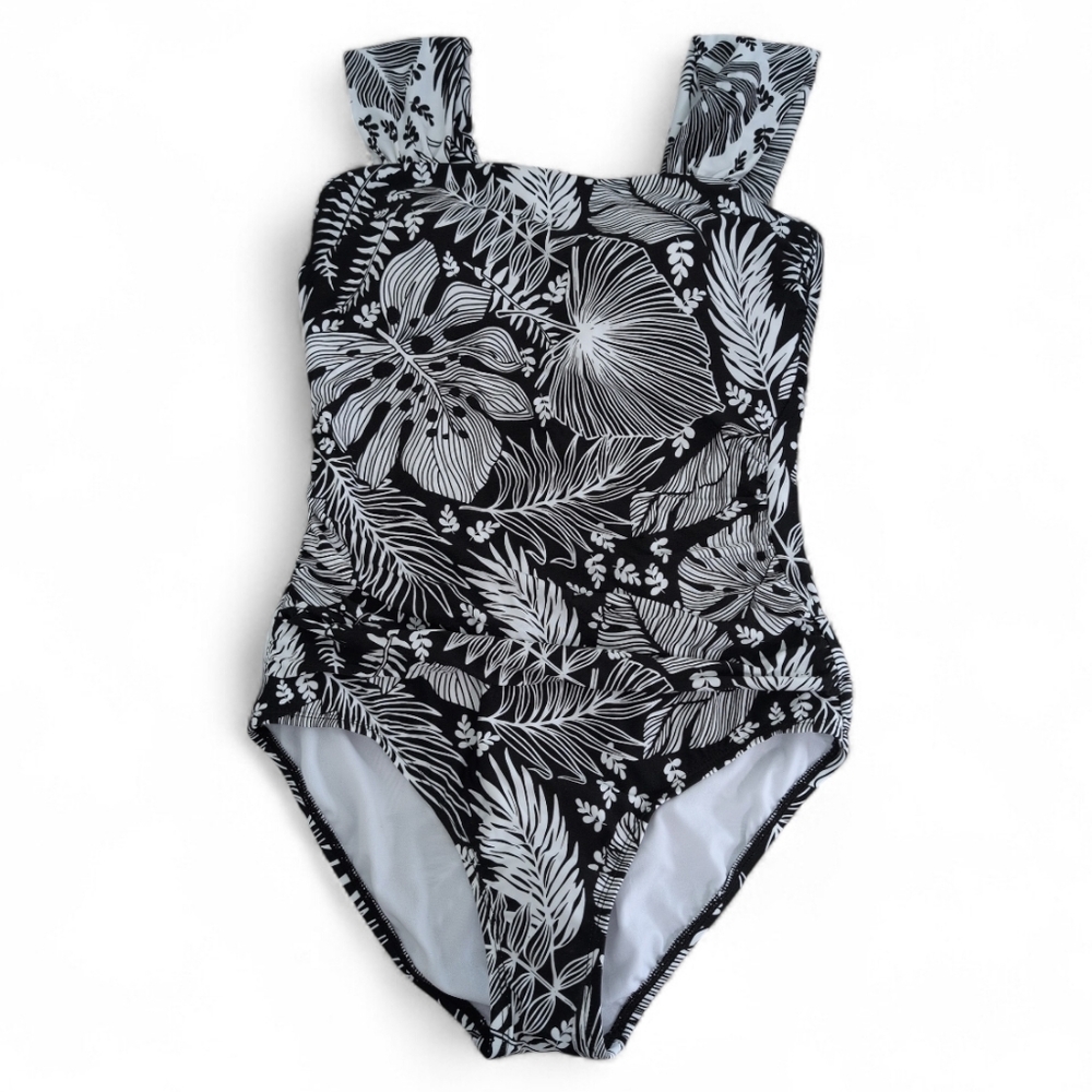 Jantzen One Piece Swimsuit Bathing Suit, Ruching, Black White Leaves Sz 10, NWOT
